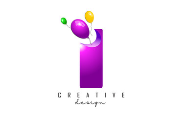 I Letter Logo with flying colorful balloons and 3d Effect Vector Illustration.