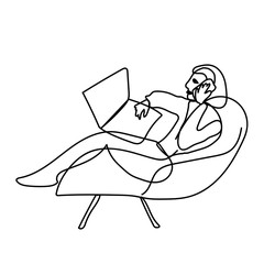 Single vector girl studying. A person  works in a remote job, talks on the phone. Simple llustration of black line art style hand drawn. Design for posters, social networks, web, card.