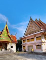 Fototapeta premium Buddhist Monk Sitting Temple. Wat Kaeo Manee Si Mahathat, Phang Nga,Thailand.