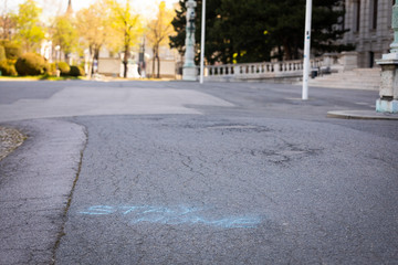 Obraz premium stay home message written with blue chalk on a pathway in Vienna