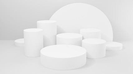 geometric cylinder shape background in the white studio room, minimalist mockup for podium display or showcase, 3d rendering.