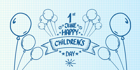 1 june international childrens day cartoon doodle style horizontal banner background. happy Children day greeting cad, icon or label. Cartoon kids day poster. Children day hand drawn banner design
