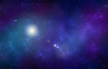 Starry night sky space background with nebula in deep space and lens flare.