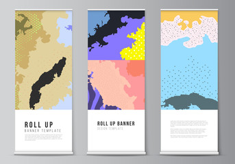Vector layout of roll up mockup design templates for vertical flyers, flags design templates, banner stands, advertising. Japanese pattern template. Landscape background decoration in Asian style.