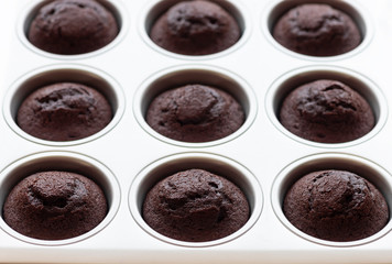 Close-up of delicious chocolate muffins in a baking dish. horizontal image.