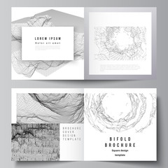 Vector layout of two covers templates for square bifold brochure, flyer, magazine, cover design, book design, cover. Abstract 3d digital backgrounds for futuristic minimal technology concept design.