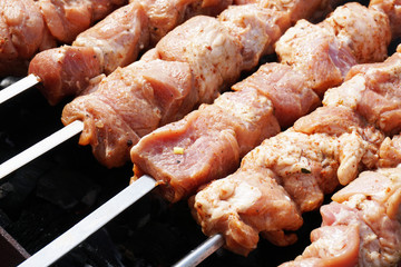 Pork meat, cut into pieces and put on skewers.