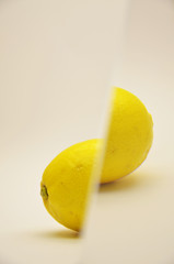 Photo of a small yellow lemon divided by a prism on a white background