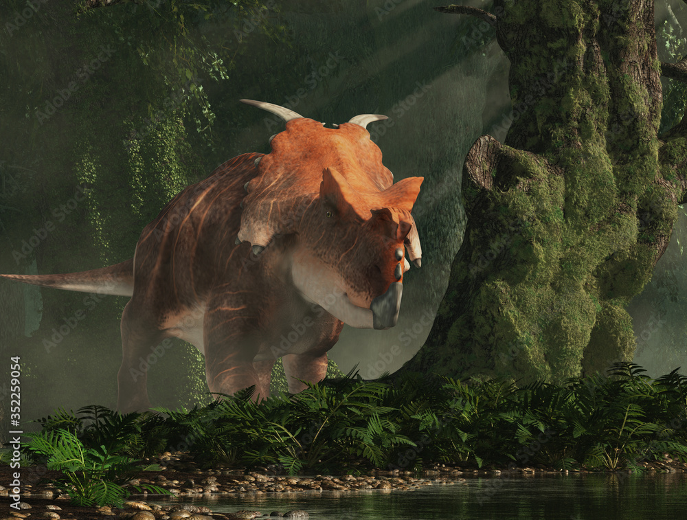 Poster achelousaurus was a cretaceous era dinosaur. a cousin of triceratops, it had two curved spikes on it