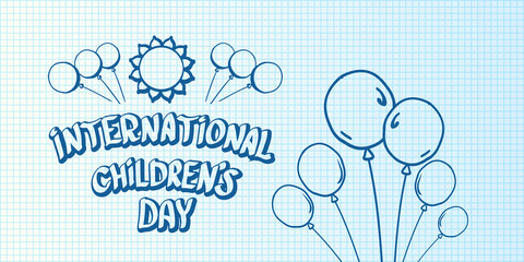 1 june international childrens day cartoon doodle style horizontal banner background. happy Children day greeting cad, icon or label. Cartoon kids day poster. Children day hand drawn banner design