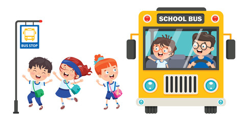 Happy Children And School Bus