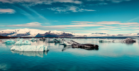  Impressive nature landscape of Iceland. Beautiful cold Scenery picture of icelandic glacier lagoon bay. Jokulsarlon glacier lagoon, Iceland. Iconic location for landscape photographers and blogers