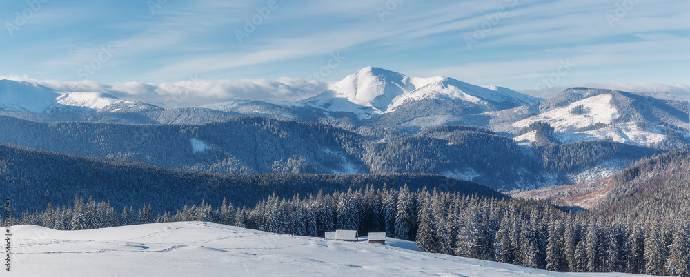 Fototapete Majestic Carpathian Mountains in winter. Wonderful Wintry Landscape. Awesome alpine Highland at Sunny day. Amazing view on snowcovered mountains and white spruces under Sunlight sparkling in the snow
