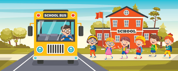 Happy Children And School Bus