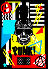 Cartoon punk skull with sunglasses and 
Anarchy symbol , ornament details and colorful background