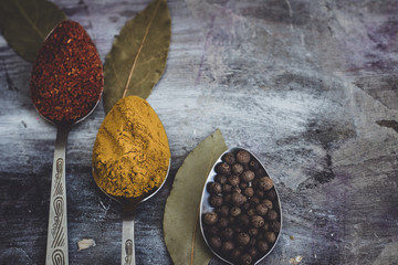 spices on iron spoons on a dark background