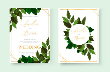 Wedding floral gold invite card save the date design with green tropical leaf herbs wreath and frame. Botanical elegant decorative vector template watercolor style