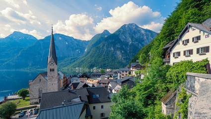 Fototapeta na wymiar Scenic view of the famous mountain village Hallstatt in the Salzkammergut region, OÖ, Austria