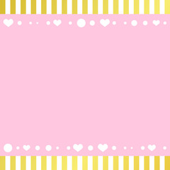 Festive romantic pink background with frame of white hearts and confetti and golden stripes
