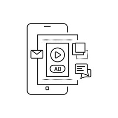 Blog advertising black line icon. Content promotion in smartphone. Pictogram for web page, mobile app, promo. UI UX GUI design element. Editable stroke.