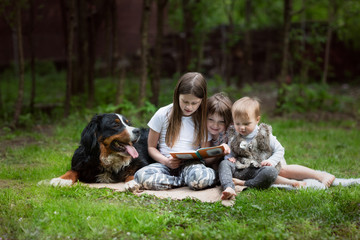 Children reading book together with big dog in summer glade, Three children with a Bernese Mountain Dog pet, friendship of a child and a dog, Dog therapy concept.