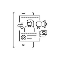 Blogger black line icon. Social media information sign. Content promotion in smartphone. Pictogram for web page, mobile app, promo. UI UX GUI design element. Editable stroke