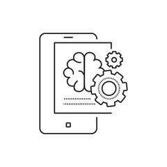 Brainstorming creative idea black line icon. Creative idea sign. Brain and gears in smartphone. Pictogram for web page, mobile app, promo. UI UX GUI design element. Editable stroke