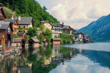 View of the northern waterfront of the lakeside Hallstatt, Salzkammergut region, OÖ, Austria