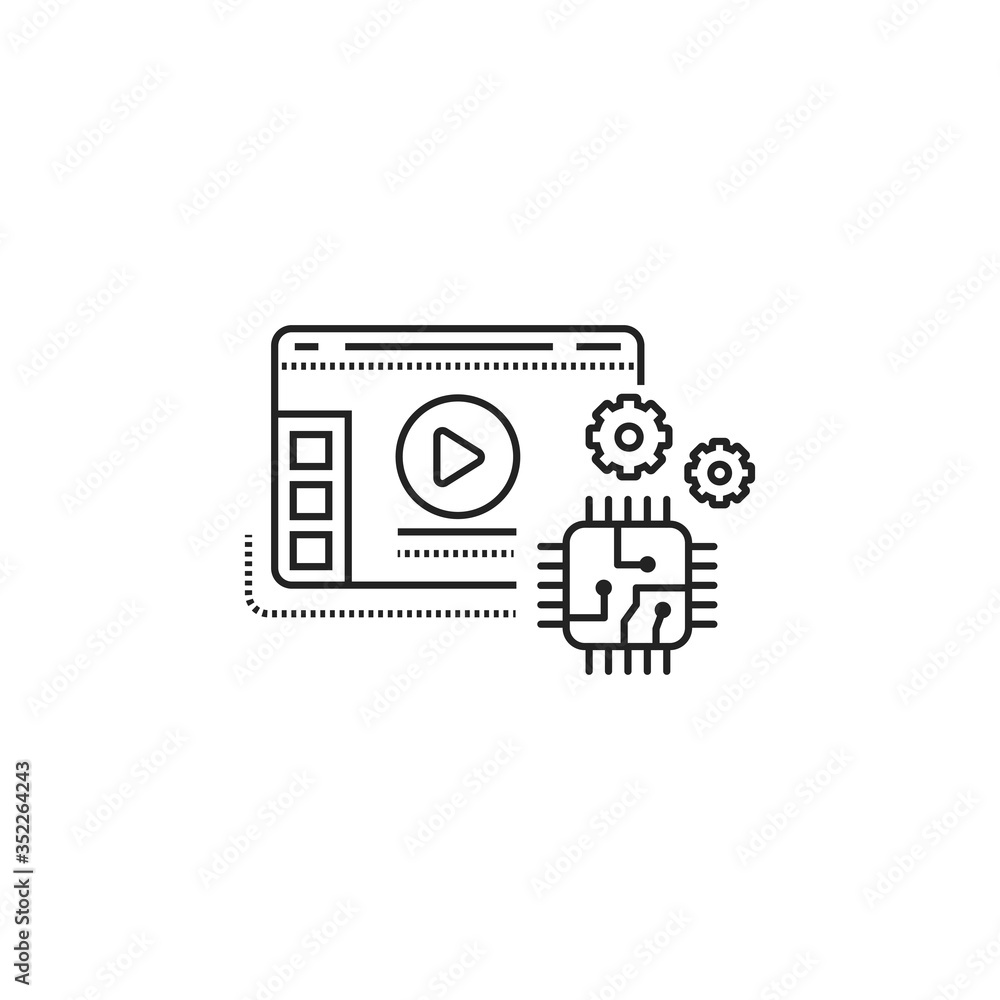 Poster technology blog web site black line icon. overview technology and models gadgets and devices video s