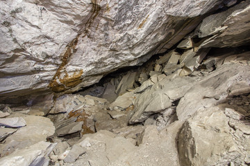Underground abandoned mica ore mine tunnel collapsed