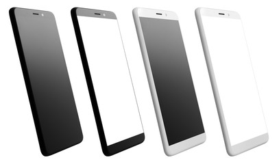 Collection of black and white smartphones, isolated on white background