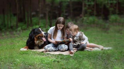 Children reading book together with big dog in summer glade, Three children with a Bernese Mountain Dog pet, friendship of a child and a dog, Dog therapy concept.