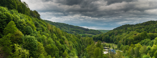 Górski krajobraz leśny z deszczowymi chmurami w tle © RITHOR