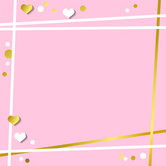 Festive romantic pink background with frame of white hearts and confetti and golden stripes
