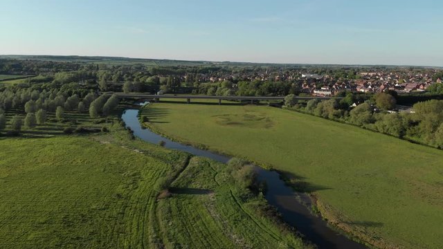 Aerial Landscape Thrapston A14 Bridge Nene Valley Meadow Northamptonshire Spring Season