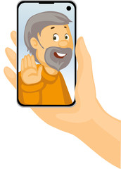 Video Call with Grandpa - Phone in Hand - Stay at Home - Vector Illustration