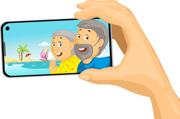 Senior Couple Make Selfie Photo with Mobil Phone from the Beach Tropical Holiday - Vector Illustration Isolated on white Background