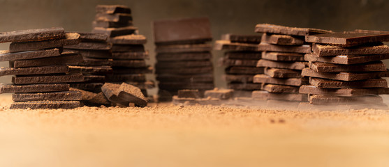 Pieces of dark chocolate are on cocoa powder. Banner, space for text. Chocolate day concept