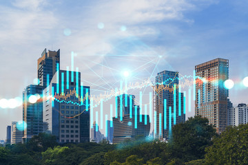 Day time view cityscape of Bangkok city background with business chart grid. Success and finance concept. Doublexposure