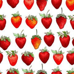 Vector seamless pattern with red strawberries on white background. Stock illustration.