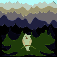owl on a branch against the background of a forest doodle clipart for t-shirt and print.