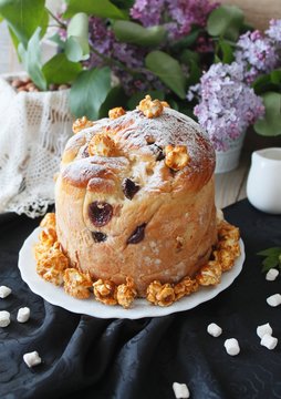 Easter cake, Traditional Kulich, Paska ready for celebration stock photo
