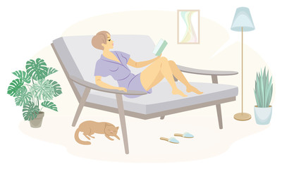 Beautiful lady is sitting on the couch. A girl is reading a book. The woman has a slim figure. the room is cozy. Vector illustration.