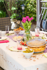 the table is served with appetizers and vegetables