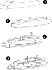 Step by step drawing learning techniques, transportation tools set workbook for kids isolated background. Vector illustration ship