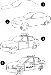 Step by step drawing learning techniques, transportation tools set workbook for kids isolated background. Vector illustration police car © ChildBooks