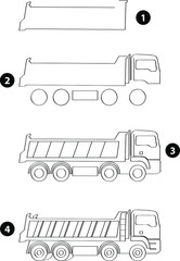 Step by step drawing learning techniques, transportation tools set workbook for kids isolated background. Vector illustration truck
