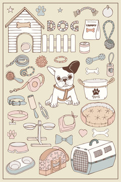 French bulldog and dog items set. Hand draw doodle vector graphics.