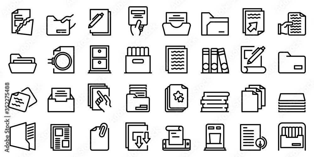 Poster storage of documents icons set. outline set of storage of documents vector icons for web design isol