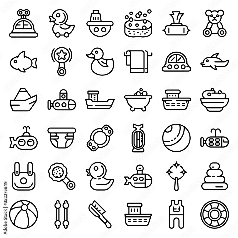 Poster bath toys icons set. outline set of bath toys vector icons for web design isolated on white backgrou
